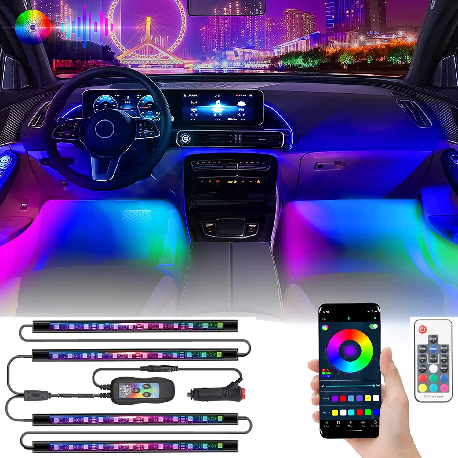 

Symphonic Car Foot Ambient Light USB Neon Mood Lighting Backlight Music Control App RGB Interior Decorative Atmosphere Light