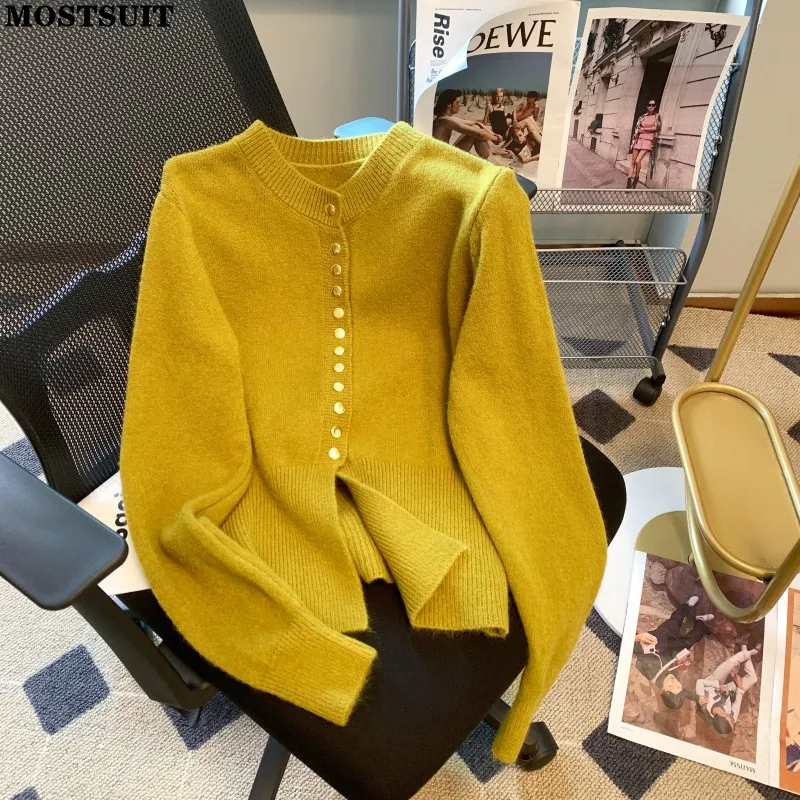 

Solid Vintage Knitted Sweater Women 2023 Spring Single-breasted Long Sleeve Split Knitwear Tops Basic All Match Ladies Pullovers