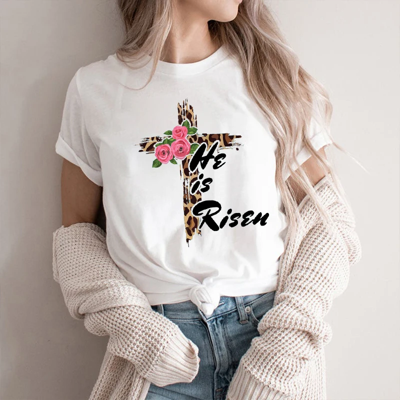 

Женская футболка с принтом Иисуса, Повседневная футболка большого размера с леопардовым принтом и кроличьими ушками, одежда для женщин
