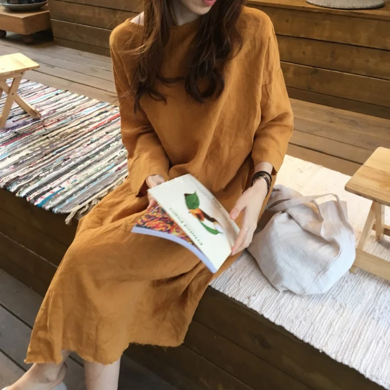 

Женское Свободное длинное прямое платье, однотонный пуловер макси с рукавом три четверти и вышивкой на подоле, лето 2022