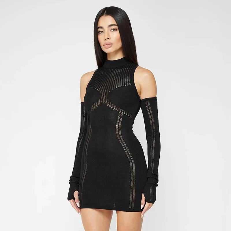 Knitted Women'S Party Dress Sexy Perspective Tight Round Neck Splice Long Sleeve Hip Wrap Dress Skirt
