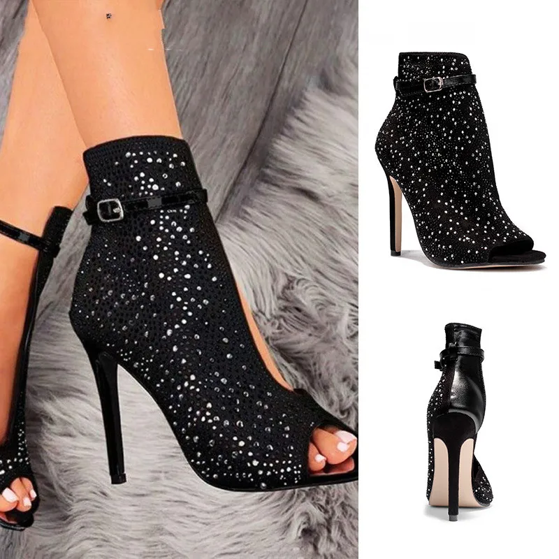 

New Women Crystal Sandals Ankle Straps Buckle Transparent Cover Heel Pumps Ladies Sandals Party Shoes 2022