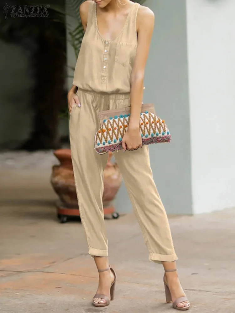 

ZANZEA Sleeveless Long Overalls 2022 Summer Elastic Playsuits Fashion Lady Solid Rompers Women's Casual Loose Jumpsuit Oversized