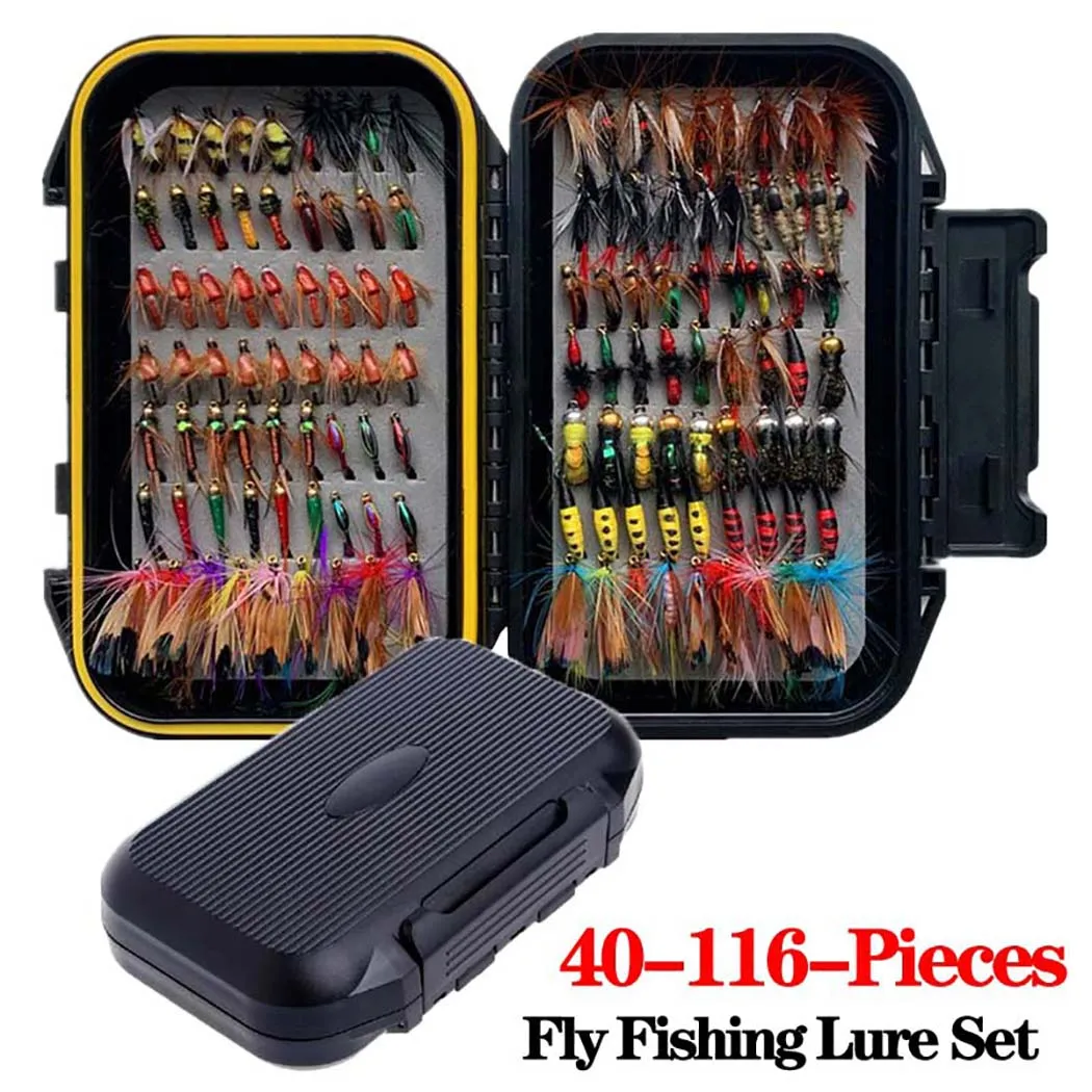

40-116-Pieces/Box Fly Fishing Lure Set Dry Wet Flies Combo Nymph Streamer Kit Insects Bait Hook Pesca Fishing Tackle Box Case