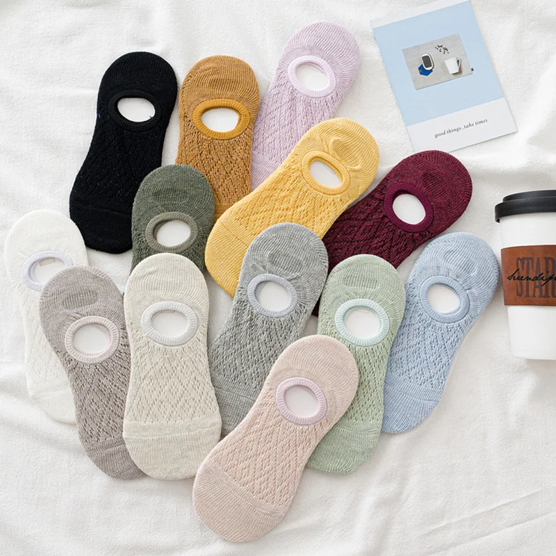 

5 Pairsbatch Of Women's Silicone Anti-skid Invisible Socks Summer Mesh Solid Socks Ankle Socks Cotton Slippers Invisible Socks
