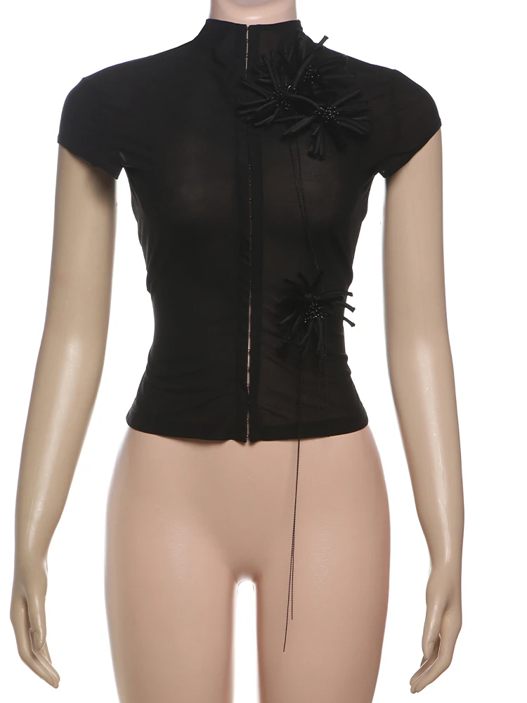 InGrily Hottie See Through t-Shirt Women Single-Breasted Half-High Neck Tassel Midnight Versatile Street Skinny Fashionable Tops