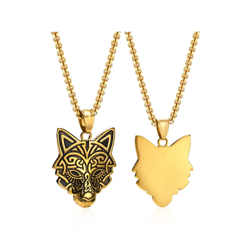 

PSJ Fashion Jewelry Present Gold Plated Wolf Head Pendant Chain Stainless Steel Necklace for Men Birthday Gift