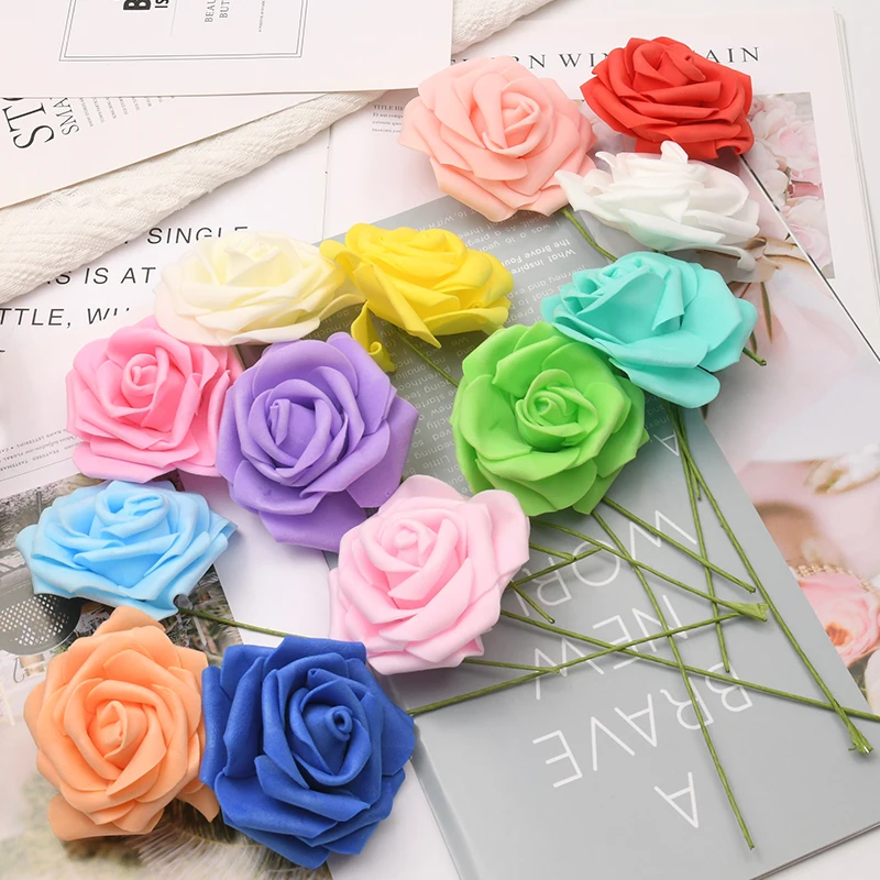 

100pcs 20cm Long Iron Wire Stem PE Foam Artificial Flowers Bunch White Roses Heads DIY Scrapbooking Home Wedding Decorations