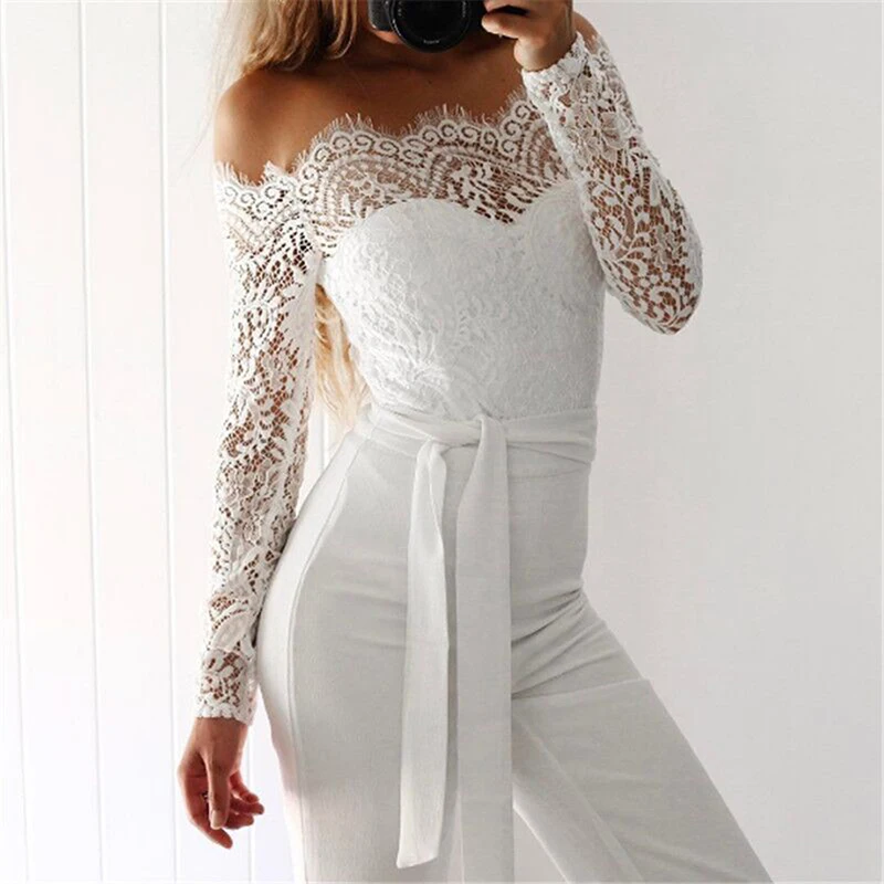 

New Elegant Lace Overalls For Women Jumpsuit Lace Sexy Slash Neck Romper Jumpsuits Women Long Sleeve Long Bodysuit White