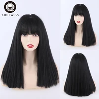 7jhh women synthetic wigs medium straight fake hair wigs female natural black color cosplay wig with bangs heat resistant wigs