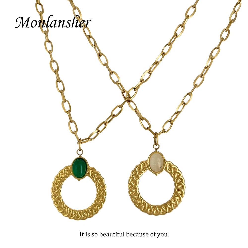 

Monlansher Gold Color Stainless Steel Link Chains Necklaces for Women Vintage Plait Circle Resin Stone Pendant Necklace Jewelry