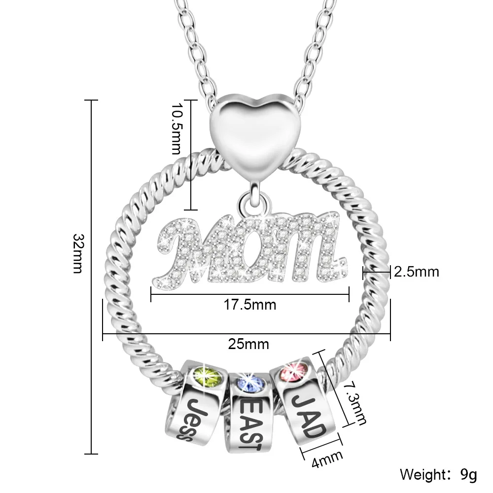 Fashion Collier Gold Plated Mom Necklace Custom Name 12 Birthstone Beads Zircon Round Pendant Women Jewelry