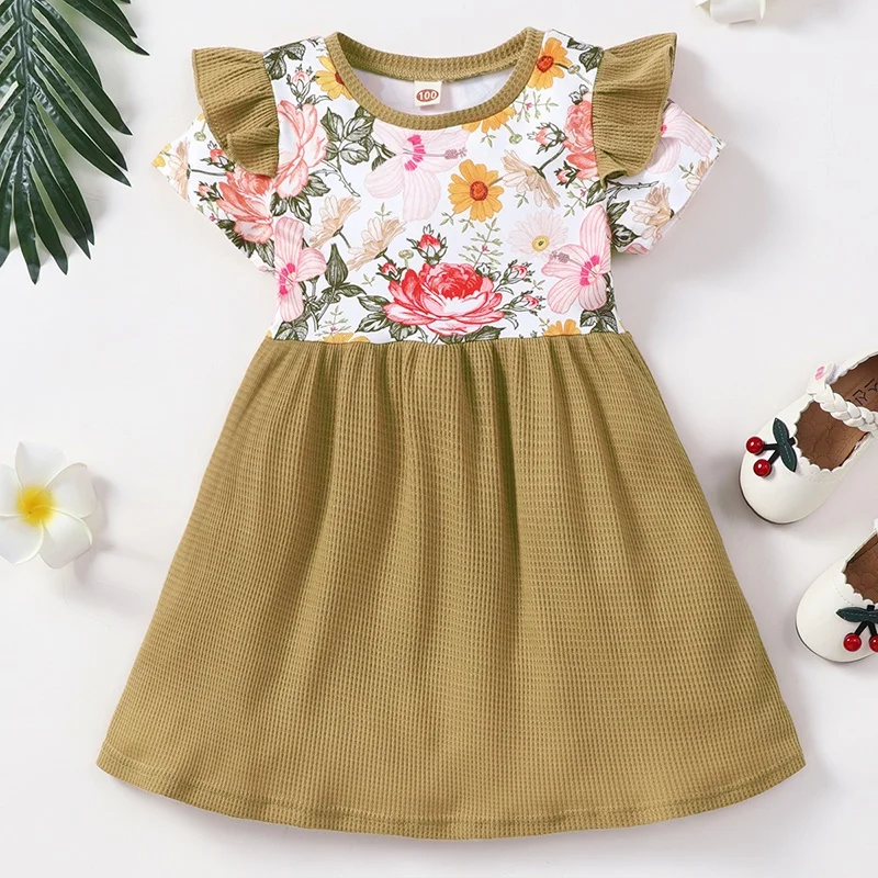 

2022 New Kids Dresses for Girls Summer Girls Clothes Flower Print Flying Sleeve Girls Dress Boho Sweet Toddler Girl Clothes 1-6Y
