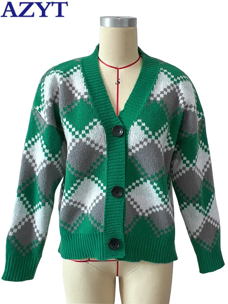 

AZYT Vintage Argyle Knit Cardigan Jackets Female Loose V Neck Women Sweater Coats 2022 Autumn Winter Knitwear Sweater Cardigan
