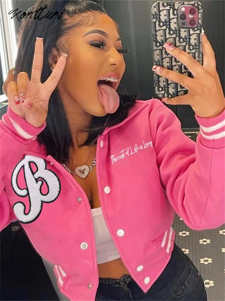 Женская бейсбольная куртка Kontturi розовые облегающие укороченные куртки с круглым