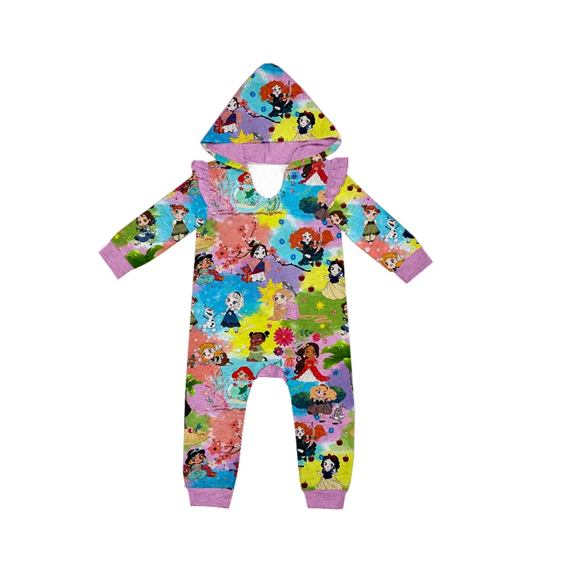 

Boutique baby girls' rompers princess print tie dye long sleeves hooded coverall bodysuit