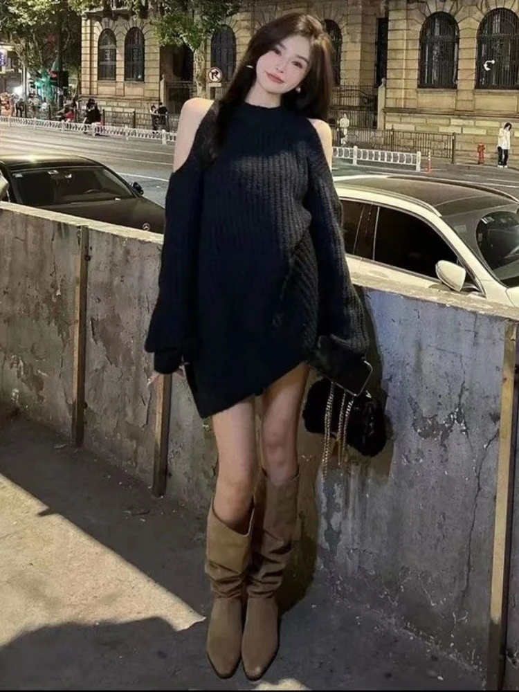 QWEEK корейский вязаный свитер с открытыми плечами женский Kpop модная уличная