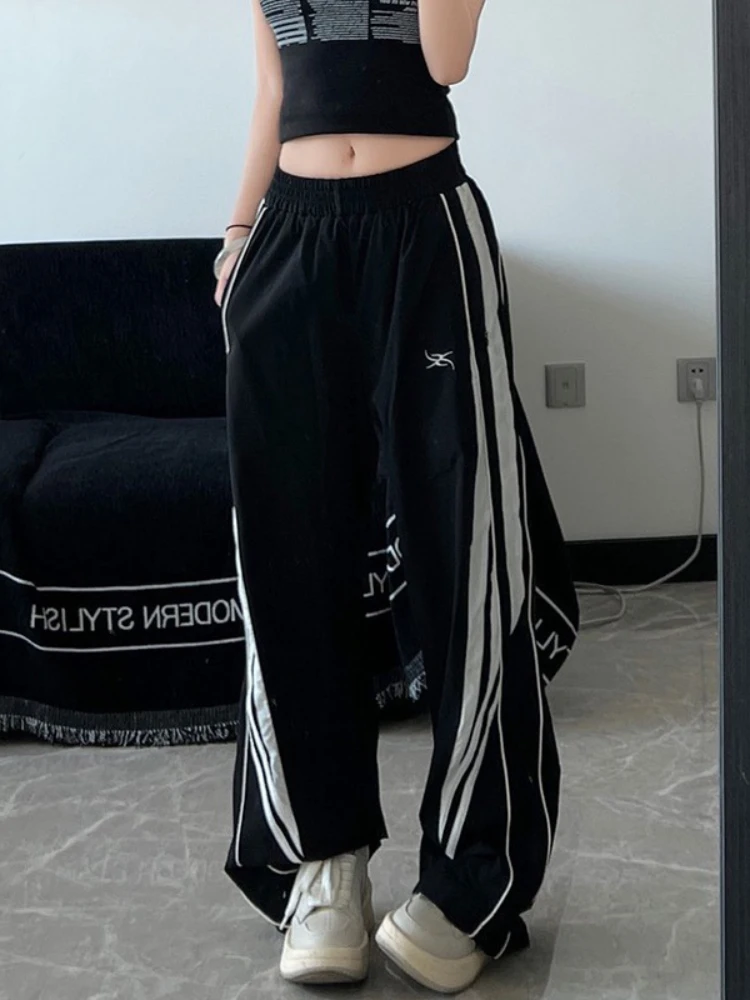 

HOUZHOU Vintage Striped Black Sweatpants Women Y2k Hip Hop Joggers Casual Oversized Wide Track Pants Sports Trousers Streetwear