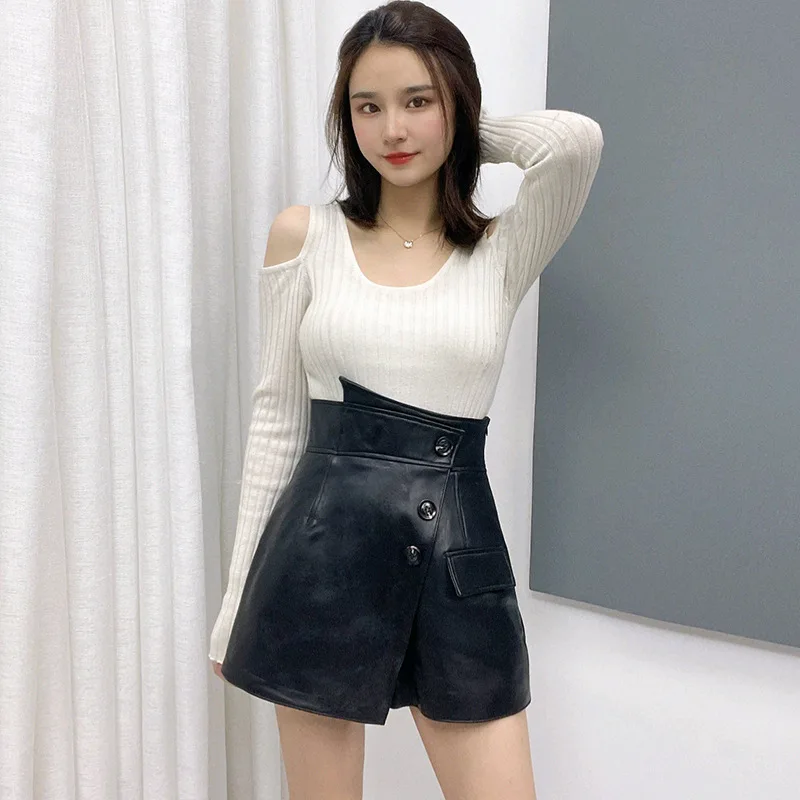 2022 Spring and Autumn New Irregular High Waist A-line Genuine Sheepskin Leather Shorts W8