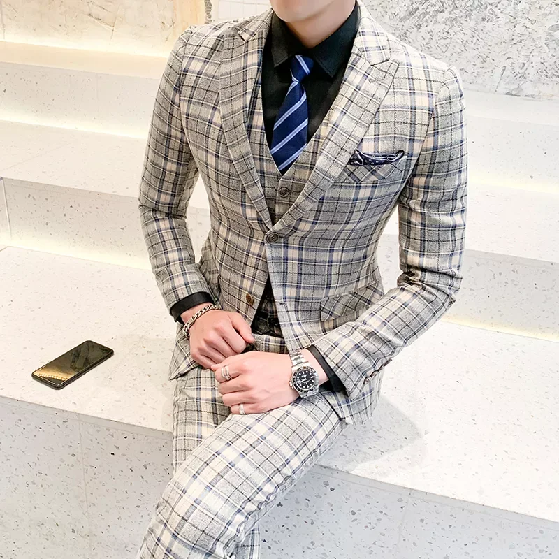 

NEW IN Quality Wedding Dress Suits For Men Slim Fit 3 Pieces Suits Jackets+Pants+Vest Plaid Formal Wear Suits Men Groom Suits 5X