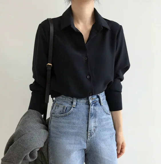 

Women Chiffon Blouse Solid Black Casual Shirt Women's Korean BF Style Tops Long Sleeve Chic Tops Feminina Blusa Women Tops