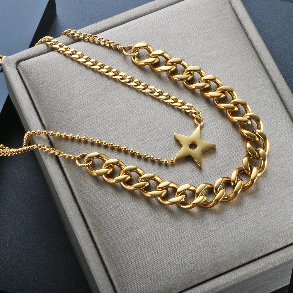 

Vintage Multilayer Star Cuban Link Chain Necklace for Women Men Stainless Steel Punk Clavicle Choker Layered Wholesales Jewelry