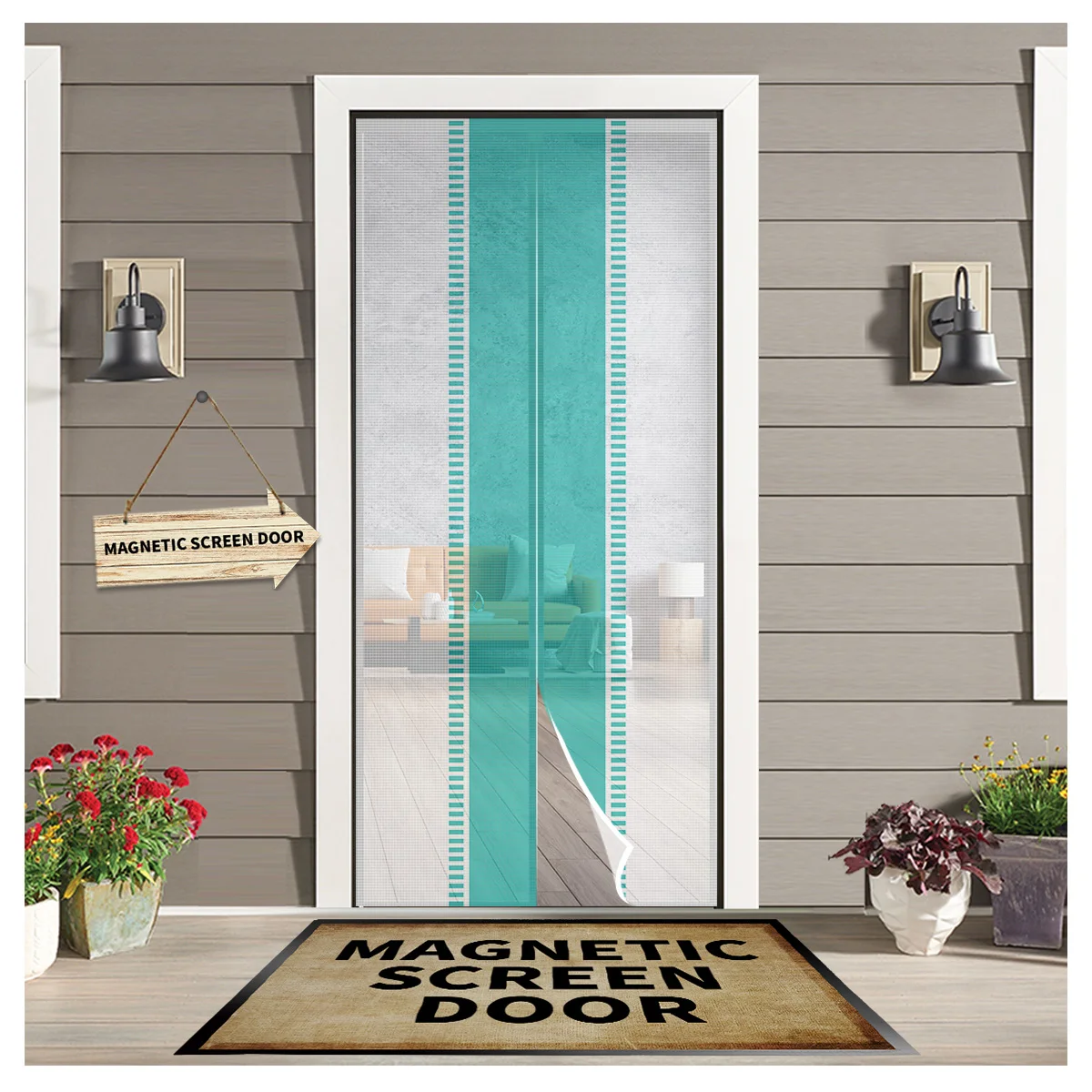 

Aqua Stripes Solid Textures Summer Magnetic Mesh Mosquito Screen Door Curtain Anti-Mosquito Net Fly Insect Screen