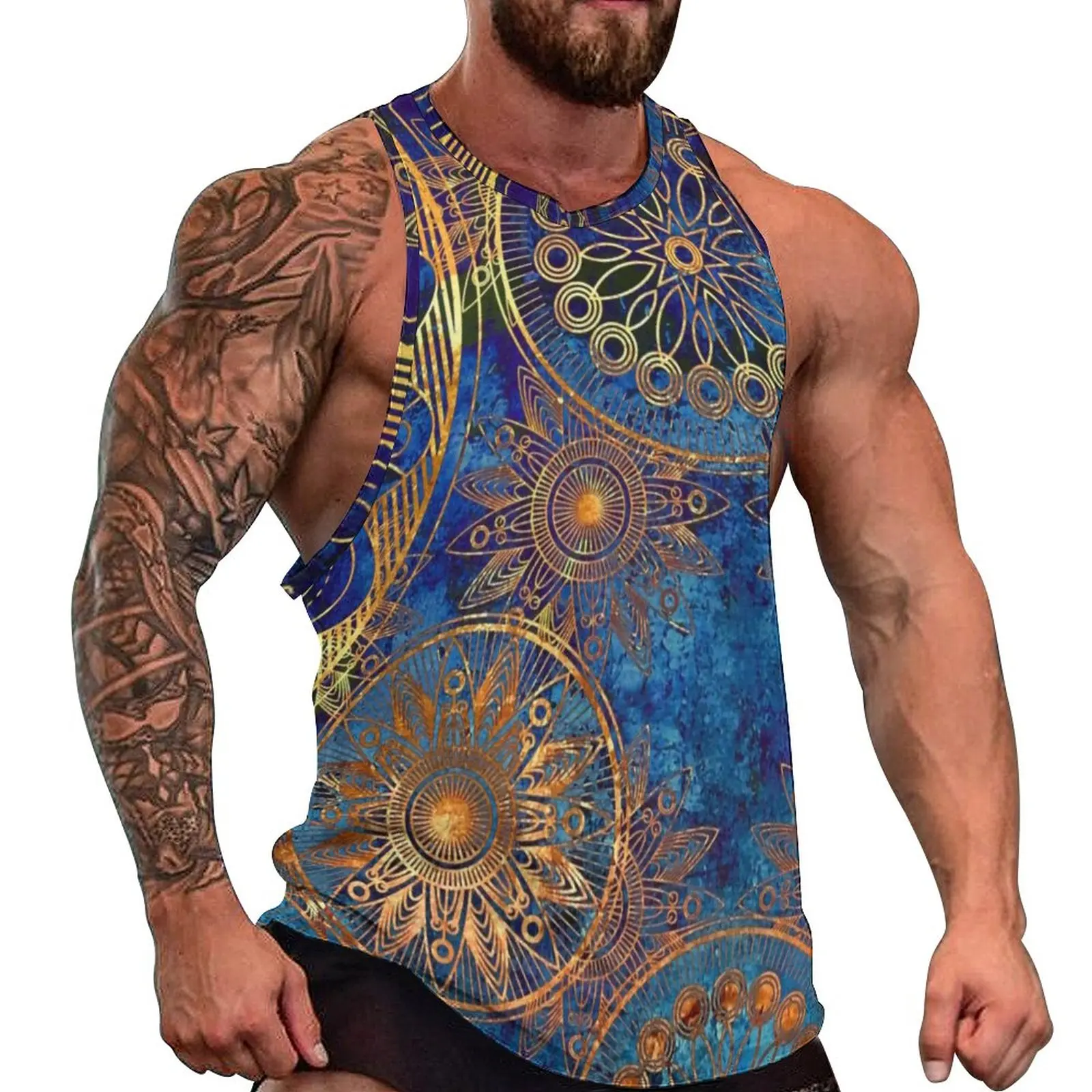 

Celestial Steampunk Tank Top Blue Gold Mandala Muscle Tops Summer Gym Man Pattern Sleeveless Shirts Big Size 4XL 5XL