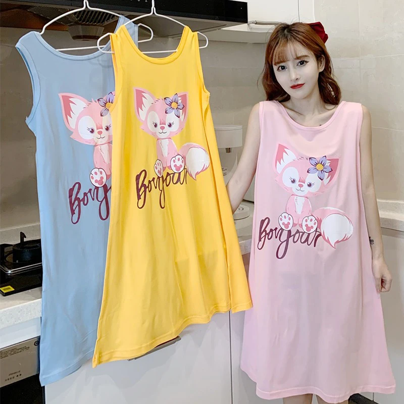 Sweet Nightdress For Grils&Women Summer Kawaii Cartoon Night Gown Long Sleeping Dress Calf Nightwear Lace Floral Skirt Homewear