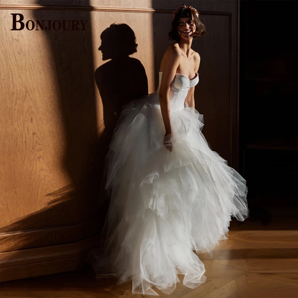 

BONJOURY Fancy Wedding Dresses Strapless Sweetheart Tiered 2023 For Women Bride Vestido De Noiva Made To Order Appliques Formal