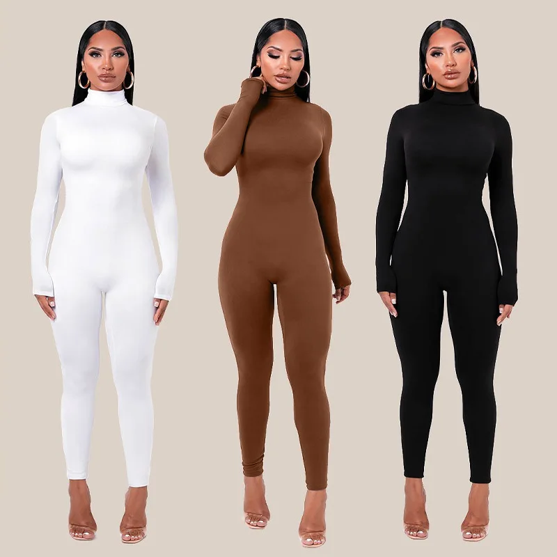 

XINYUAN Autumn Winter Solid Casual Turtleneck Rompers Womens Homewear Jumpsuit Long Sleeve Skinny One Piece Playsuit Sporty Wear