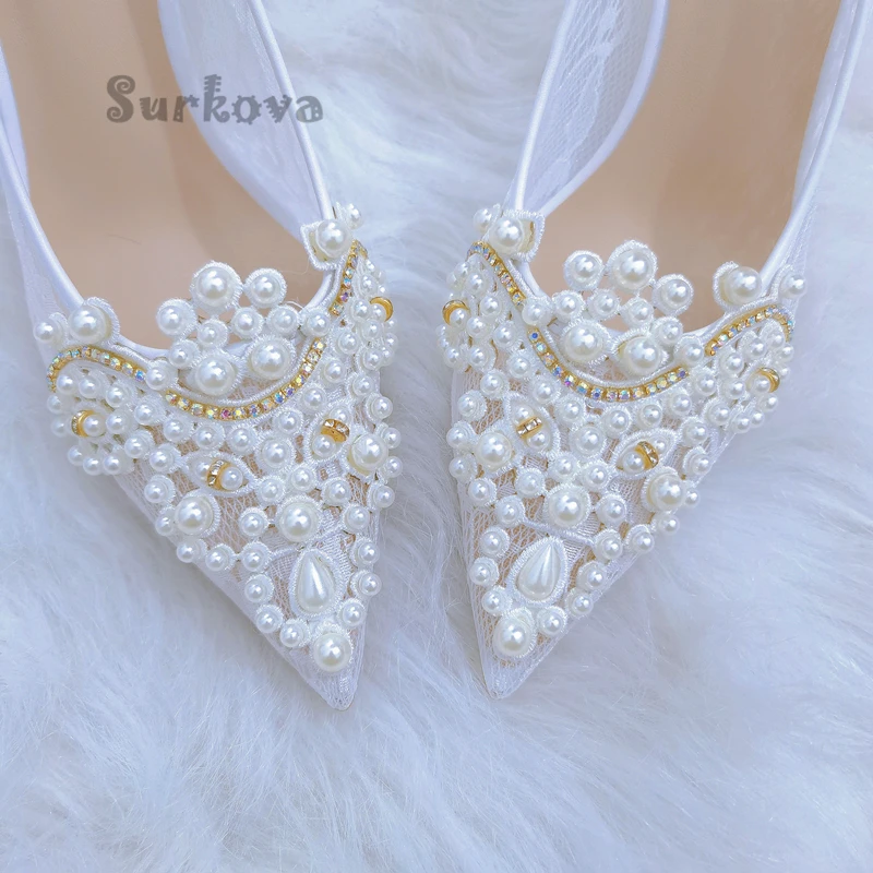 Women's Wedding Shoes Pearl Mesh Embroidery Rhinestone Bridal Pumps 2023 Summer Pointed Toe Dress Thin High Heels Banquet Shoes