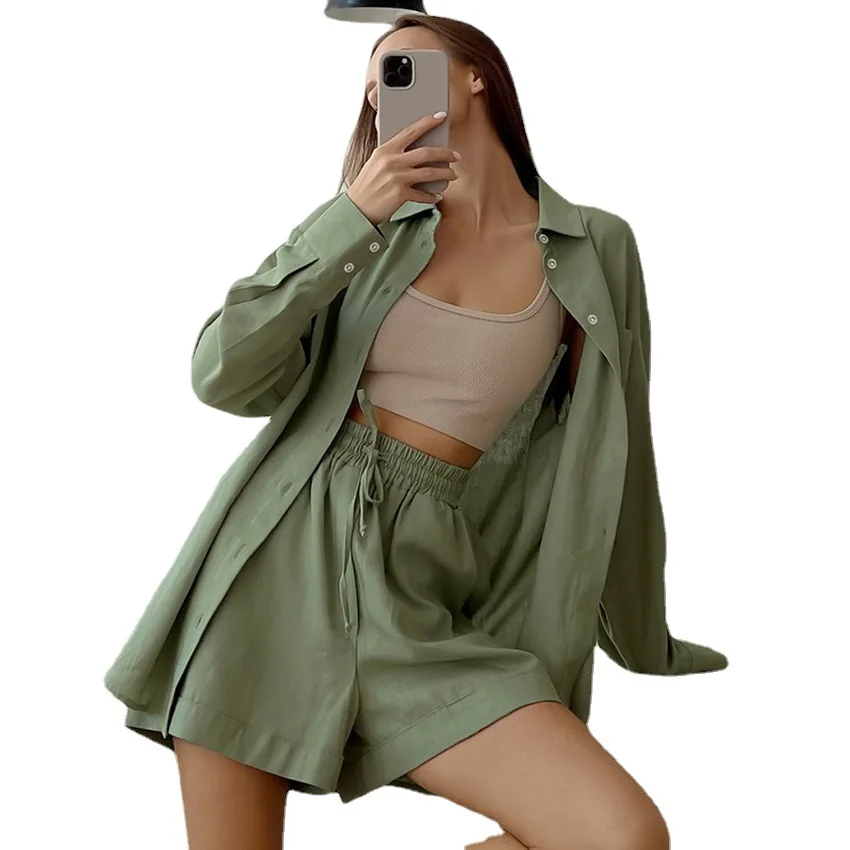 Autumn Cotton Linen Pajamas Green Fashion Casual Shirts Shorts Two-piece Loose Women Home Clothes Pyjama Femme Sexy Sleepwear