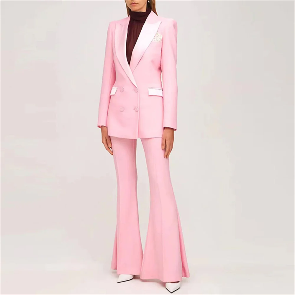 Pink Formal Blazer Pantsuits Sets for Women Office Trousers Suit Double Breasted Button Flared Pants Blazer Pants Suit