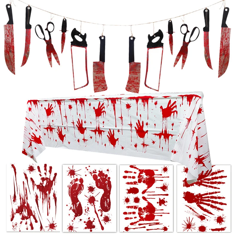 

Halloween Bloody Knife Hanging Garland Decorations Banner Blood Apron Tablecloth Handprints Window Stickers Halloween Decor