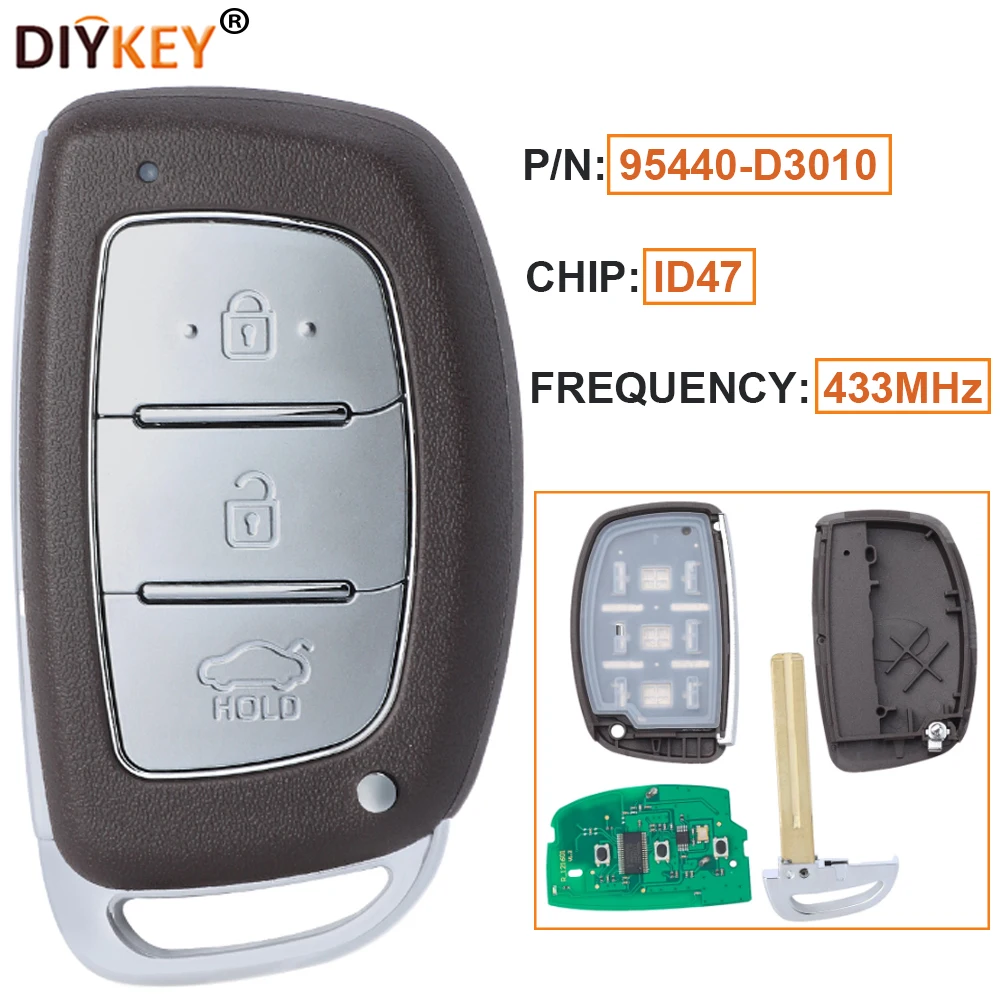 

DIYKEY P/N: 95440-D3010 433MHz 3 Buttons Keyless Go Smart Remote Control Car Key Fob ID47 Chip for Hyundai Tuscon 2018