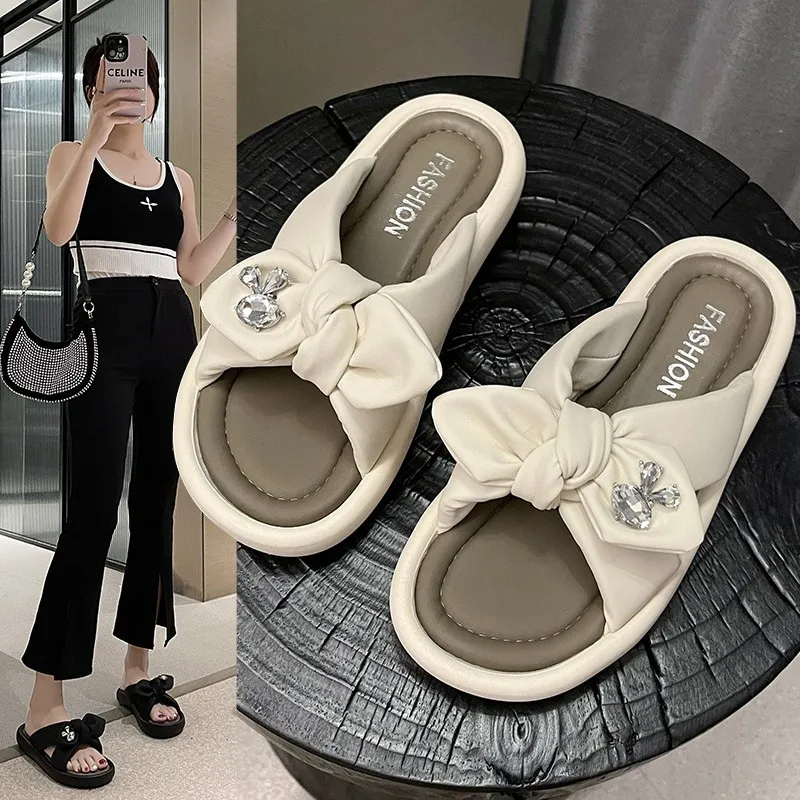 

Round head bow summer one-line fashion slippers for women