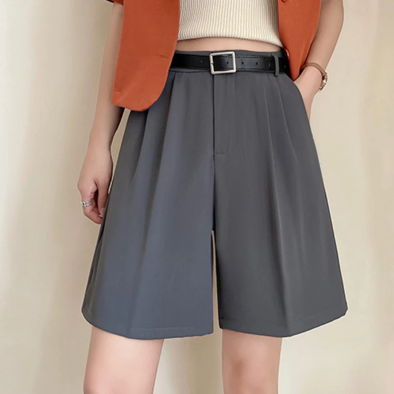 

New Summer Black Suit Shorts Woman Wide Leg High Waist Shorts Women Casual Half Trousers Loose Knee Length Pants Femme
