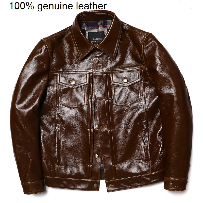 

Мужская Классическая джинсовая куртка, коричневая Повседневная приталенная куртка из 507 натуральной вощеной телячьей кожи, модное пальто и...
