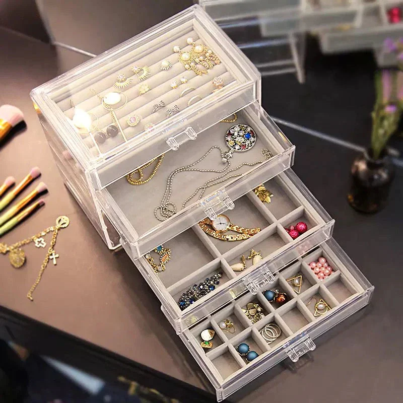 

Transparent Dust-proof Necklace Earrings Organizer European-style Four-drawing Jewelry Box Eye Display Flannel Tray Jewellery