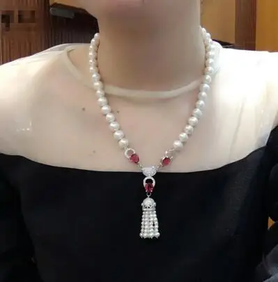 

Лидер продаж, новинка, 8-9 мм, натуральный белый пресноводный жемчуг, аксессуары из циркона, ожерелье с кисточкой, модные ювелирные изделия