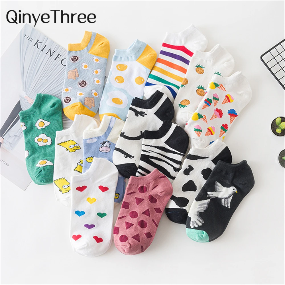 

INS Funny Cartoon Egg Socks Cute Girls' Happy Animal Fruit Foods Short Sokken Omelette Strawberry Pineapple Rainbow Stripes