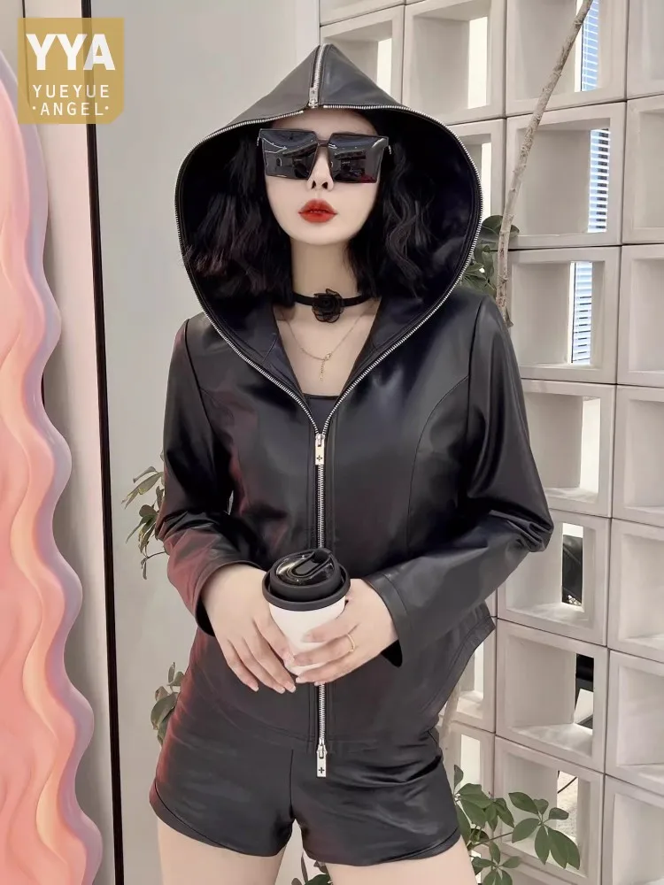 Женская короткая куртка из натуральной овечьей кожи Черная с капюшоном и длинным