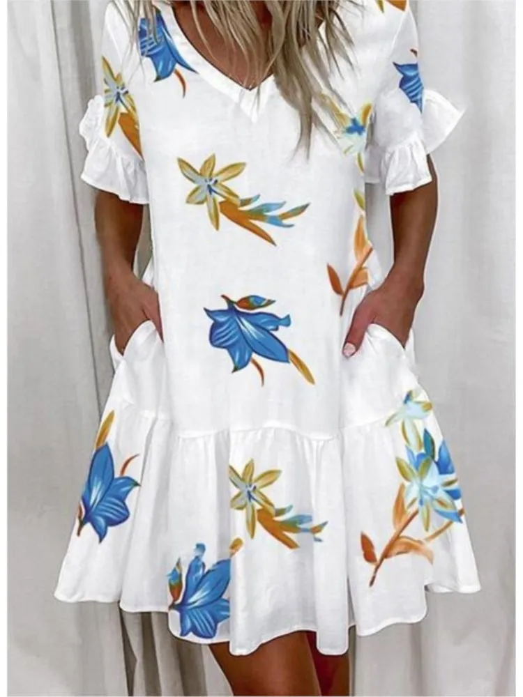 

Fashionable summer women's printed V-neck ruffled short sleeved pocket dress elegant printed loose casual vestido ocasional
