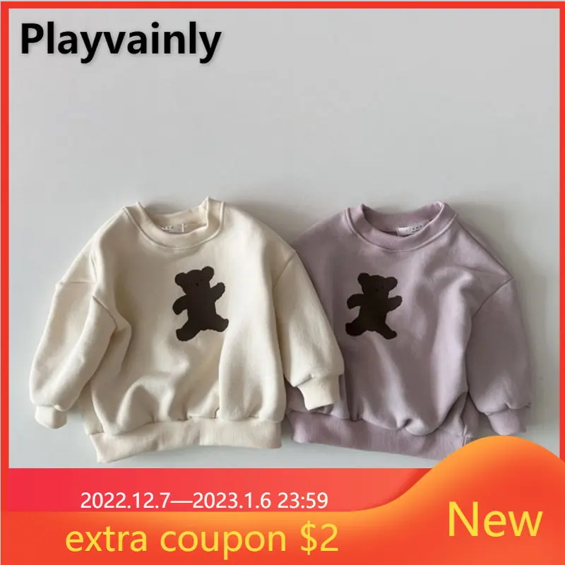 

Осенне-зимние флисовые толстовки для мальчиков и девочек, хлопковые толстовки с длинным рукавом и мультяшным медведем, свитер с круглым выр...