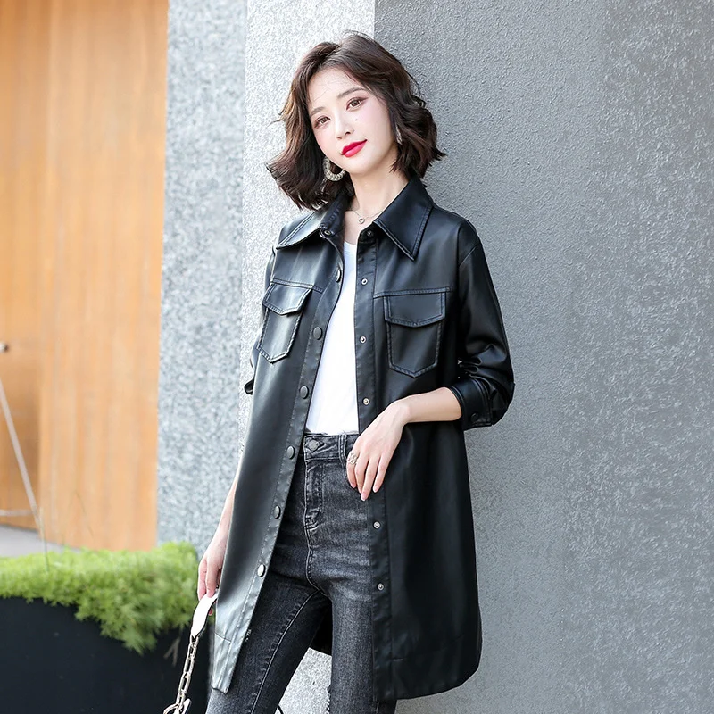 100% genuine real Middle aged women's leather Women's medium autumn winter clothes 2023 Korean version plus size loose long