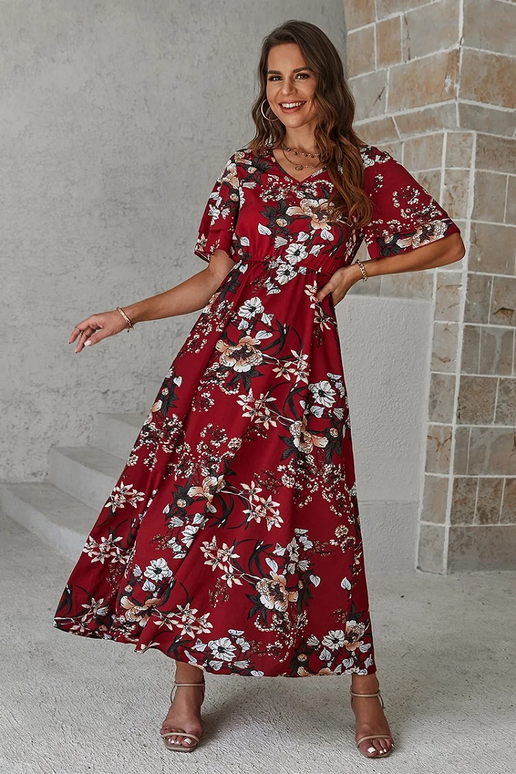 

Women Newest Summer European American Temperament Slim Printed V-Neck Short Sleeve Ankle Length A-line Long Dress Female Clothes