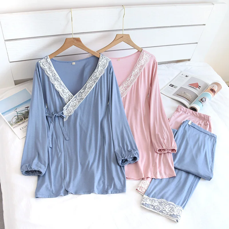 Modal Kimono Nursing Clothes Set Lace V Neck Zipper Spring Summer Thin Long Sleeve Trouser Breast-feeding Pregnant Woman Pajamas
