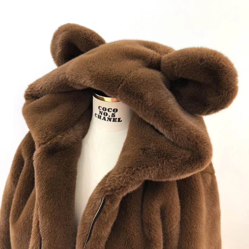 Young New Winter Imitation Fur Cute Hooded Bear Lamb Wool Mid-Length Coat Female