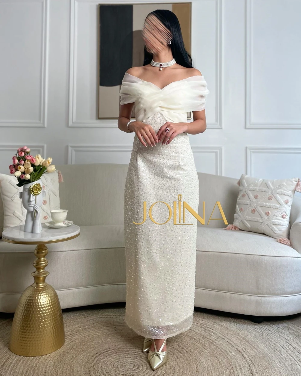 

Carolina Strapless Saudi Arabic Sequined Prom Dresses Ankle Length Off the Shoulder White Formal Women Evening Party Dress